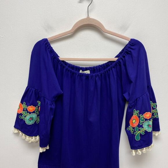 Umgee USA Womens Blue Embroidered Boho Tasseled Off The Shoulder Peasant Top S - Picture 2 of 8
